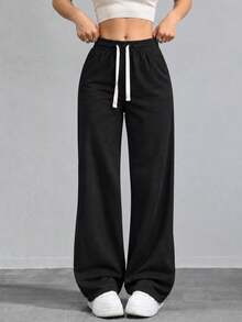 Women's Black Casual Wide Leg Pants Elastic Waist Adjustable Drawstring Relaxed Loose Fit Full Length Everyday Trousers - Black - View 9