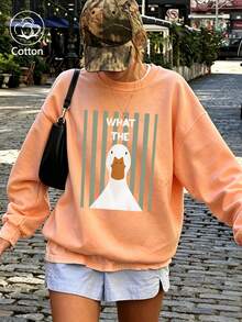 Women Cotton Crew Neck Loose Sweatshirt For Autumn Pink Striped White Duck Print WHAT THE Casual Street Sport Style - Hami Melon Orange - View 2
