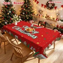 1件紅色背景聖誕主題桌布，中央手寫「Merry Christmas」文字搭配鹿角帽裝飾，周圍環繞小屋、雪人、聖誕樹、禮物盒、冬青葉與金箔點綴，適用於廚房餐桌布置、餐廳裝飾、野餐露營、派對場景、農舍風裝飾、桌面美化與營造節日氛圍 - 彩色 - 查看 15