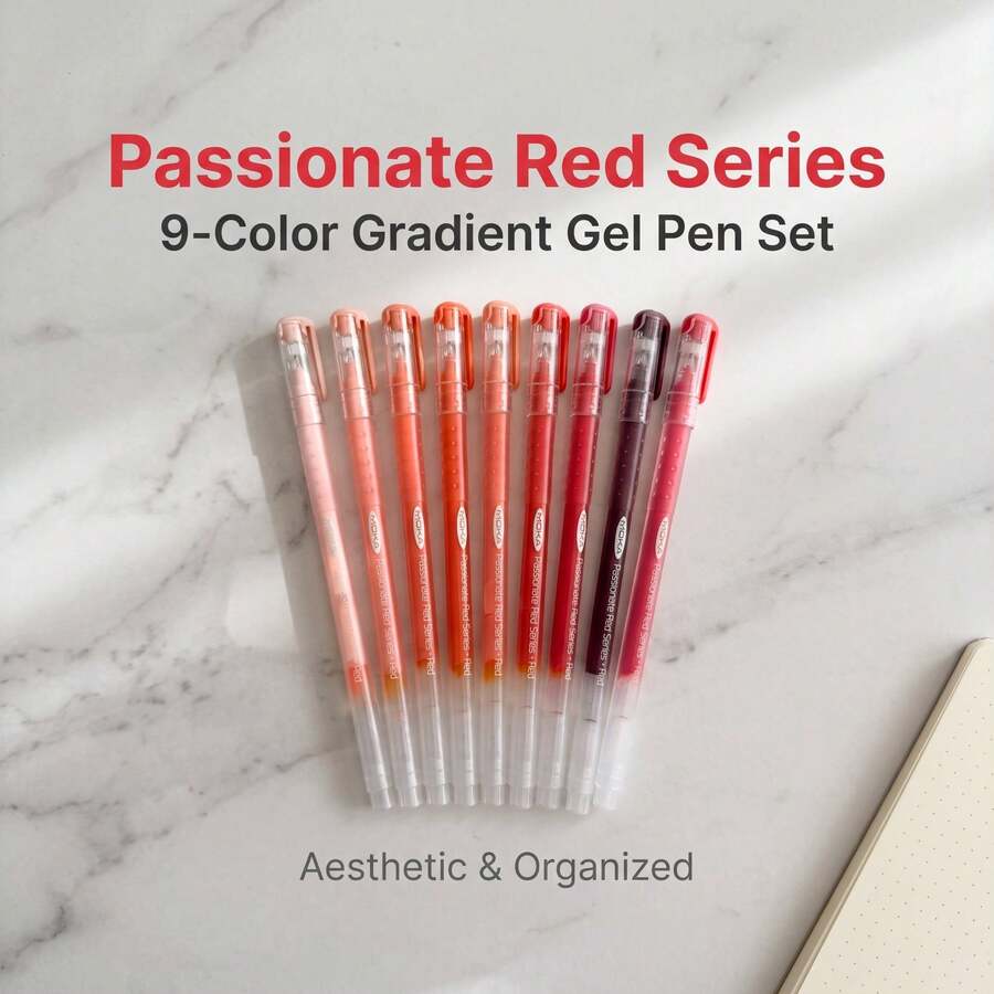 9支裝 Passion Red 系列中性凝膠筆,漸層紅色調多色組合,防滑點狀握把,出墨順滑不暈染,針管筆尖,適用於手帳、剪貼簿、行程規劃、學生筆記、重點標記、書寫、INS風筆桿、學生日記、手繪裝飾、日常辦公書寫文具 - 紅色套裝 - 查看 1