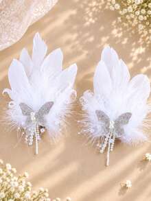 KOVLYNE 2pcs White Feather Princess Hair Clips With Rhinestone Butterfly And Pearl Tassel, Elegant Bridal Hair Accessories For Wedding, Party, Photography And Special Occasions - White - View 6