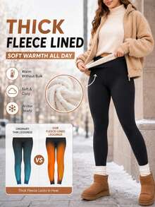 Women's Fleece Lined High Waist Tummy Control Warm Leggings, Elastic Slim Fit Autumn/Winter Daily Wear Pants - Black - View 2