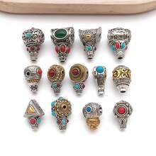 2pcs Three Hole Guru Beads Alloy Inlaid Turquoise Red Stone Buddha Head Charms For DIY Bracelet Handmade Mala Jewelry Making - Multicolor - View 2