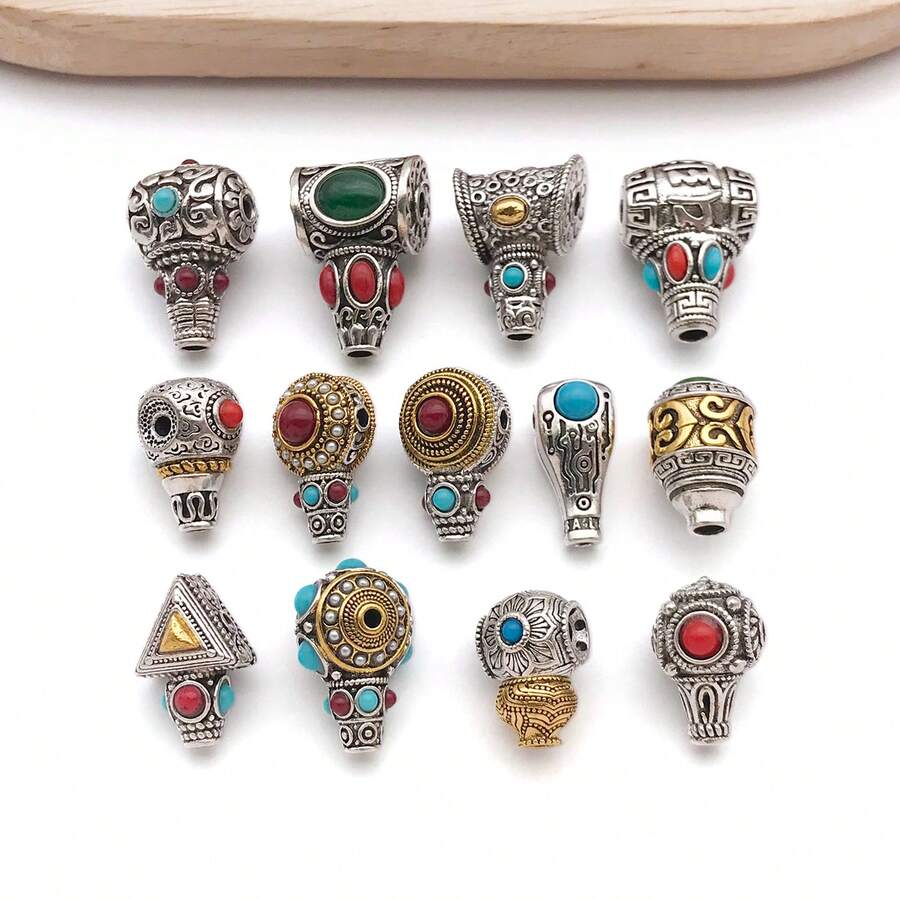 2pcs Three Hole Guru Beads Alloy Inlaid Turquoise Red Stone Buddha Head Charms For DIY Bracelet Handmade Mala Jewelry Making