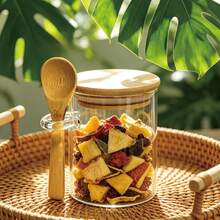 Airtight Clear Glass Storage Canister With Bamboo Lid And Built‑In Side Wooden Spoon, Kitchen Food Container For Tea, Sugar, Spice, Nuts, Dried Fruit, Home Kitchen Organizer. - View 6