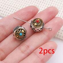 2pcs Carved Alloy Beads Dual Color Inlaid Gemstone Round Square Barrel Beads For DIY Handmade Mala Bracelet Necklace Craft Supplies - Multicolor - View 12