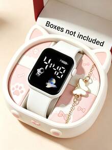 2pcs/Set Girls Fashion Square Digital Electronic Sports Watch With Butterfly Bracelet, Fresh And Sweet Children's Accessories, Suitable For Parties, Birthdays, Various Festivals, Back To School, Graduation Season Gifts, Little Girls Best Friend Birthday Gift (Gift Box Not Included) - Multicolor - View 2