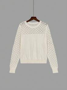 Fashion Women's Long Sleeve Hollow Design Sweater, Regular Length Off-White Semi-Sheer Detail Pullover, Suitable For Autumn White - White - View 8
