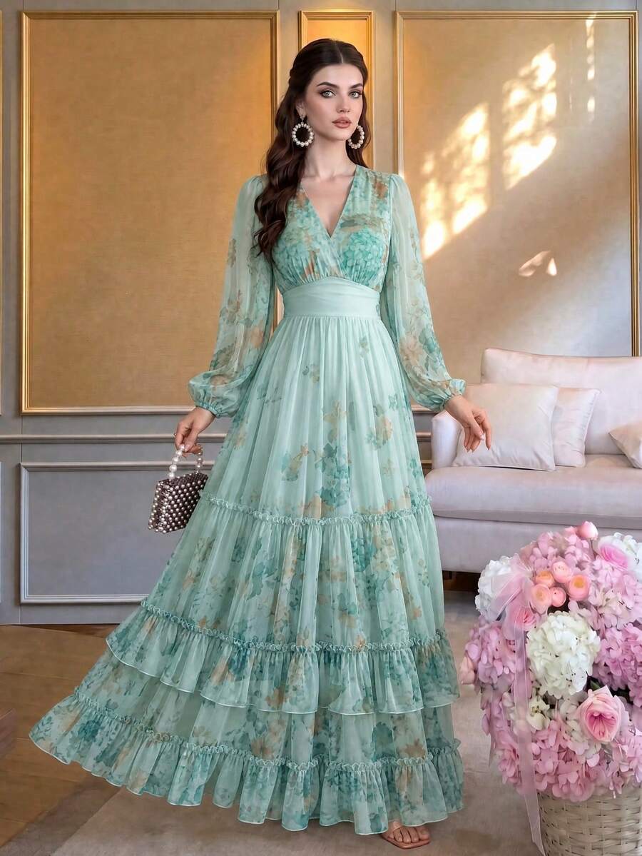 Women's Elegant Modern Romantic Floral Print Long Sleeve Ruffle Patchwork Design Luxurious Swing Dress With Ruffled Hem - Mint Green - View 1