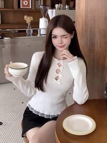 Apricot Lace Patchwork Sweater Women's Autumn/Winter New Long Sleeve Top Bow Pearl Embellished Knit Cardigan - Apricot - View 6