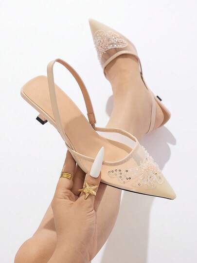 Zapatos de tacón alto elegantes para mujer con cuentas, lentejuelas, mariposa, malla transparente, correa trasera, punta puntiaguda, tacón bajo tipo kitten, color nude beige de PU, para uso diario, citas, fiestas, bodas, compras, primavera, verano, otoño, invierno