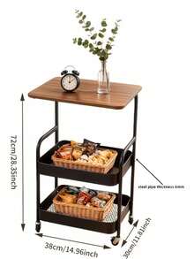 3-Tier Metal Utility Cart, Metal Storage Rack, Rolling Cart With Wooden Top, Multi-Functional Storage Rack With Wheels, Durable Steel Frame, Suitable For Kitchen, Office, Bedroom, Living Room - View 2
