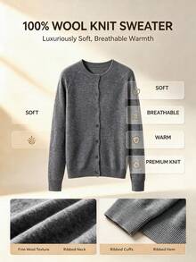 [AURELIA Wool] Solid Gray Ribbed Texture Front Button Office College 100% Wool Minimalist Knit Cardigan Old Money Style Commute Versatile - Grey - View 6