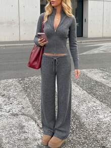Minimalist Fashion Women's Ribbed Knit Drawstring Wide Leg Pants With Zipper Sweater Set, Medium Stretch, Suitable For Autumn Wear, Contains Wool - Medium Heather Gray - View 6