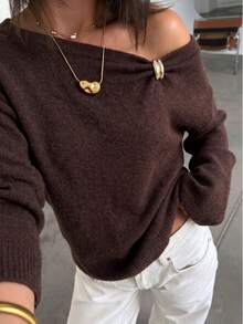 Women's Casual Cute Elegant French Style Gold Button Open Shoulder Long Sleeve Knit Sweater Pullover, Basic Autumn/Winter Outfit Wear - Brown - View 6