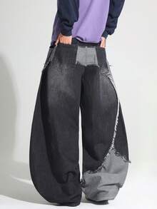 1pc Japanese Street Style Patchwork Raw Edge Men's Curved Leg Wide Leg Loose Comfortable Casual Fashion All-Season Versatile Commute Denim Pants - No Belt & Accessories - Black - View 1
