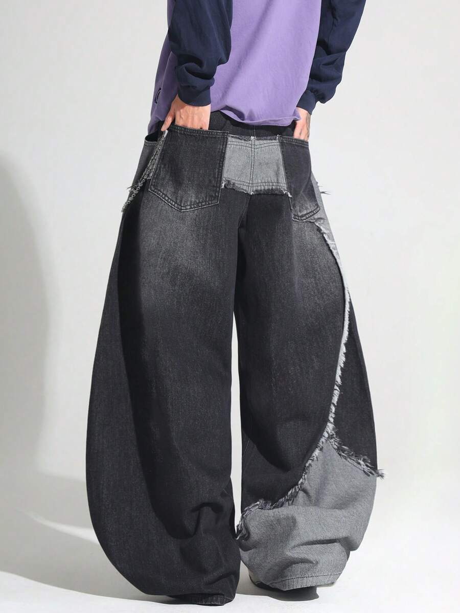 1pc Japanese Street Style Patchwork Raw Edge Men's Curved Leg Wide Leg Loose Comfortable Casual Fashion All-Season Versatile Commute Denim Pants - No Belt & Accessories - Black - View 1