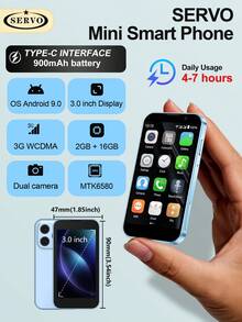 SERVO 2026 Smartphone Mini Baru Android 9.0 Dual SIM Jaringan Seluler 3G WCDMA RAM 2GB+ROM 16GB Layar HD 3.0 Inci Ponsel Super Kecil - Biru - View 3