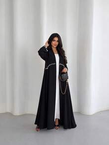 Hafizah عباية كارديجان طويلة سوداء بتصميم رقعات مطوية، رداء فضفاض منسدل مفتوح من الأمام، معطف طويل أنيق متعدد الاستخدامات للنساء للاستخدام اليومي - الأسود - مشاهدة 2