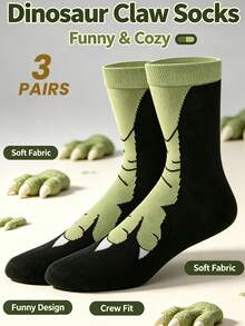 1/3 Pairs Men's Dinosaur Claw Pattern Fashion Cartoon Mid-Calf Socks, Great Gift For Friends, Birthday Gift, Christmas Gift, Fun Socks Suitable For Men, Women And Teens - Multicolor - View 6