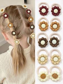 10pcs Children's Brown High Elastic Hair Ties, Sweet Hair Accessories With Butterflies And Flowers, Suitable For Girls' Daily Hair Styling - Multicolor - View 6