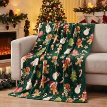 1pc Christmas Deep Green Gingerbread Man, Snowman, Christmas Tree, Candy Cane Print Flannel Blanket, Soft Polyester Fiber Throw, All Season Use, Suitable For Sofa, Camping, Travel, Holiday Gift - Multicolor - View 7