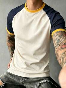 Men's Summer Fashion Casual Minimalist Colorblock Patchwork Crew Neck Short Sleeve T-Shirt - Apricot - View 1