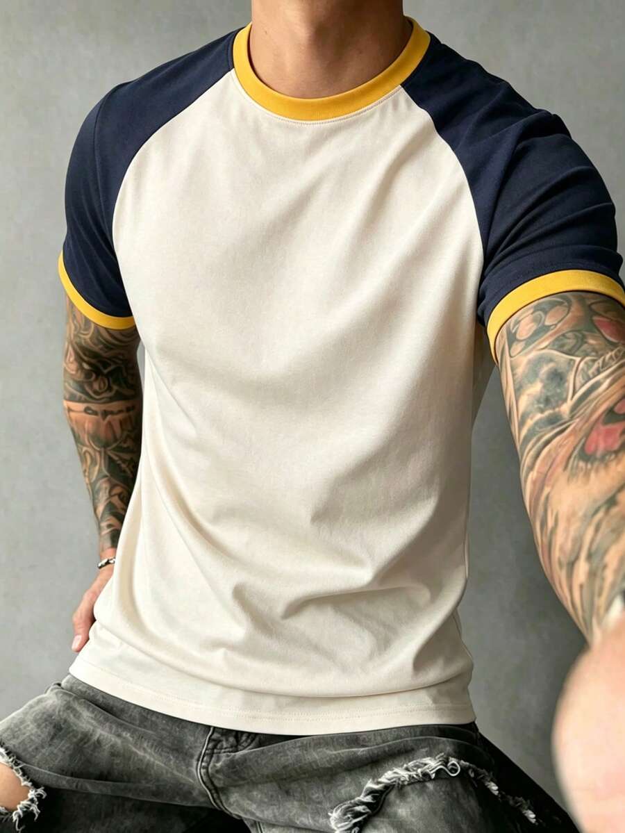 Men's Summer Fashion Casual Minimalist Colorblock Patchwork Crew Neck Short Sleeve T-Shirt - Apricot - View 1