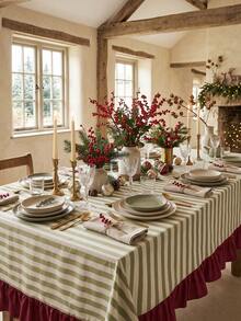 1pc Green & White Thin Striped With Burgundy Ruffle Edge Tablecloth, Christmas Holiday Style Fabric Material, Rectangular Burgundy Ruffle Edge Patchwork Detail, Stain-Resistant Protection, Tabletop Decoration And Beautification Function, Suitable For Christmas Dessert Table Arrangement And Holiday Party Scenes - Red - View 3