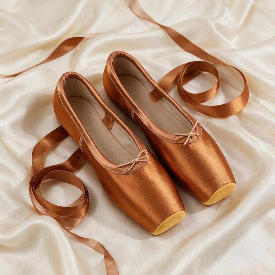 Women's Ballet Pointe Shoes, Fashionable Bronze Satin Wrap-Around Ribbon Rubber Sole Dance Shoes, Toe Protection, Comfortable And Lightweight For Dance Performance - Bronze - View 1