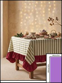 1pc Green & White Thin Striped With Burgundy Ruffle Edge Tablecloth, Christmas Holiday Style Fabric Material, Rectangular Burgundy Ruffle Edge Patchwork Detail, Stain-Resistant Protection, Tabletop Decoration And Beautification Function, Suitable For Christmas Dessert Table Arrangement And Holiday Party Scenes - Red - View 22
