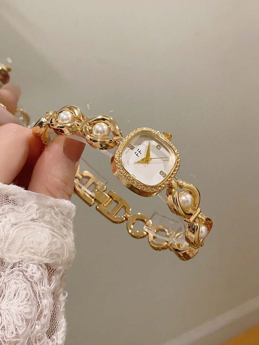 1件 FF 復古金色方形女款石英手錶－白色珠飾錶帶、白色錶盤、水鑽刻度－適合日常配戴與送禮 - 金色 - 查看 1