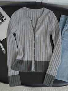 Autumn/Winter Korean Vintage Gray Colorblock Single-Breasted Long Sleeve Knit Cardigan, Casual Versatile For Daily Wear - Grey - View 5