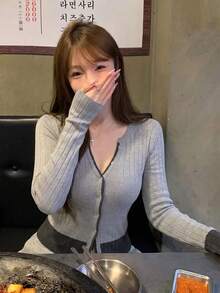 Autumn/Winter Korean Vintage Gray Colorblock Single-Breasted Long Sleeve Knit Cardigan, Casual Versatile For Daily Wear - Grey - View 3