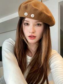 1件女款復古仿珍珠裝飾貝雷帽，秋冬保暖優雅畫家帽，百搭修飾臉型帽 - 彩色 - 查看 1