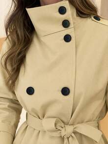 Veste trench pour femme printemps automne hiver, élégante veste de ville couleur kaki col montant double boutonnage trench court avec ceinture à la taille et design d'épaulettes, veste de ville début automne style britannique - Kaki - Voir 5