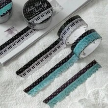 Pita Washi Renda Bergelombang, Motif Polkadot & Papan Ketik Piano, Pita Perekat Dekoratif Bergaya Vintage untuk Jurnal, Scrapbooking & Hiasan Album - A - View 2