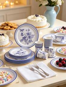 12/24/68 Piece Set, Blue And White Tableware, Butterfly Theme, 7-Inch Paper Tray, 9-Inch Paper Tray, Tissues, Paper Cups, Paper Trays, Food Trays, Party Trays, Bridal Showers, Receptions, Parties, Picnics, Camping, Barbecues And Other Festivals. - Multicolor - View 5