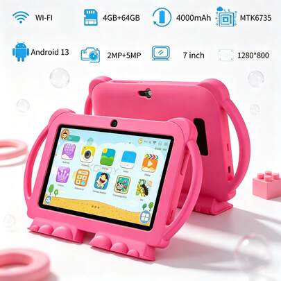 4GB RAM + 64GB ROM / แท็บเล็ต 7 นิ้ว / Quad-Core 1.3GHz / Android 13 MTK6735 / จอแสดงผล HD IPS 1280x800 / กล้อง 2MP+5MP / แบตเตอรี่ 4000mAh / WiFi, การควบคุมโดยผู้ปกครอง, การศึกษา, เกม / พลาสติก ABS + ซิลิโคน, แท็บเล็ตเพื่อการศึกษา
