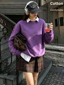 Women's Loose Fit Knitted Fabric Sweatshirt,Purple Drop Shoulder Long Sleeve Round Neck Pullover For Everyday Comfort,Autumn Winte Y2K Street Outings - Purple - View 4