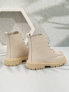 1 Pair Boys Girls Solid Color Cool Lace-Up Classic Boots, Suitable For Autumn/Winter Outdoor Ankle Boots - Beige - View 6