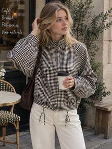 Women's Plaid Short Autumn Jacket, Long Sleeve Stand Collar Loose Button-Up Cardigan Jacket, Flight Jacket - Multicolor - View 4