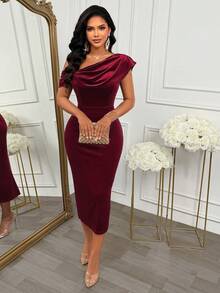 AIJ Robe midi élégante d'automne en velours bleu royal à une épaule, col drapé, dos nu, fente, robe de soirée ajustée, convient pour invitée de mariage, soirée - Rouge foncé - Voir 5