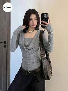 Bộ 2 món áo ống ôm sát tay dài cổ thấp đính đinh phong cách hot girl Mỹ - Xám - Xem 4
