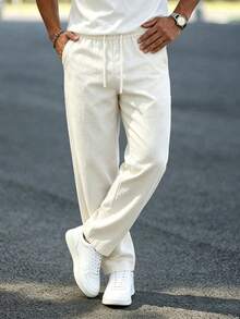 Men's Linen Ice Silk Wrinkled Long Pants With Drawstring Waist And Large Pockets, Unisex, Summer Essential, Suitable For Daily Wear, Travel, Watching World Cup, Casual Wear, Perfect Gift For Boyfriend Or Father - Beige - View 2