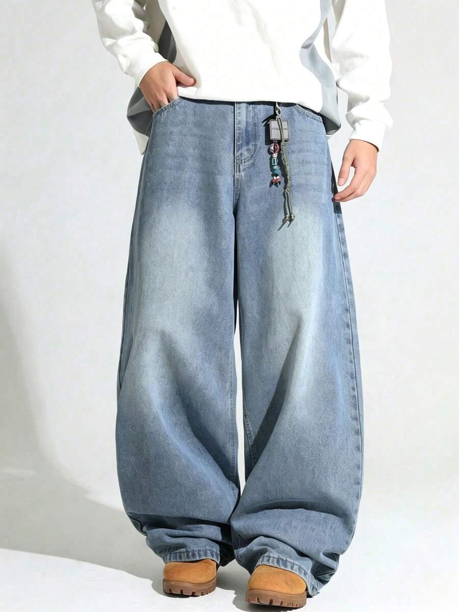 Vintage Washed Loose Relaxed Fit Elastic Waist Pants For Teenage Boys - Light Wash - View 1