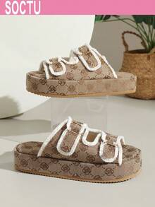 Zapatillas de mujer con punta redonda, suela gruesa, flores, punta abierta y aumento de altura - Marrón - Ver 4