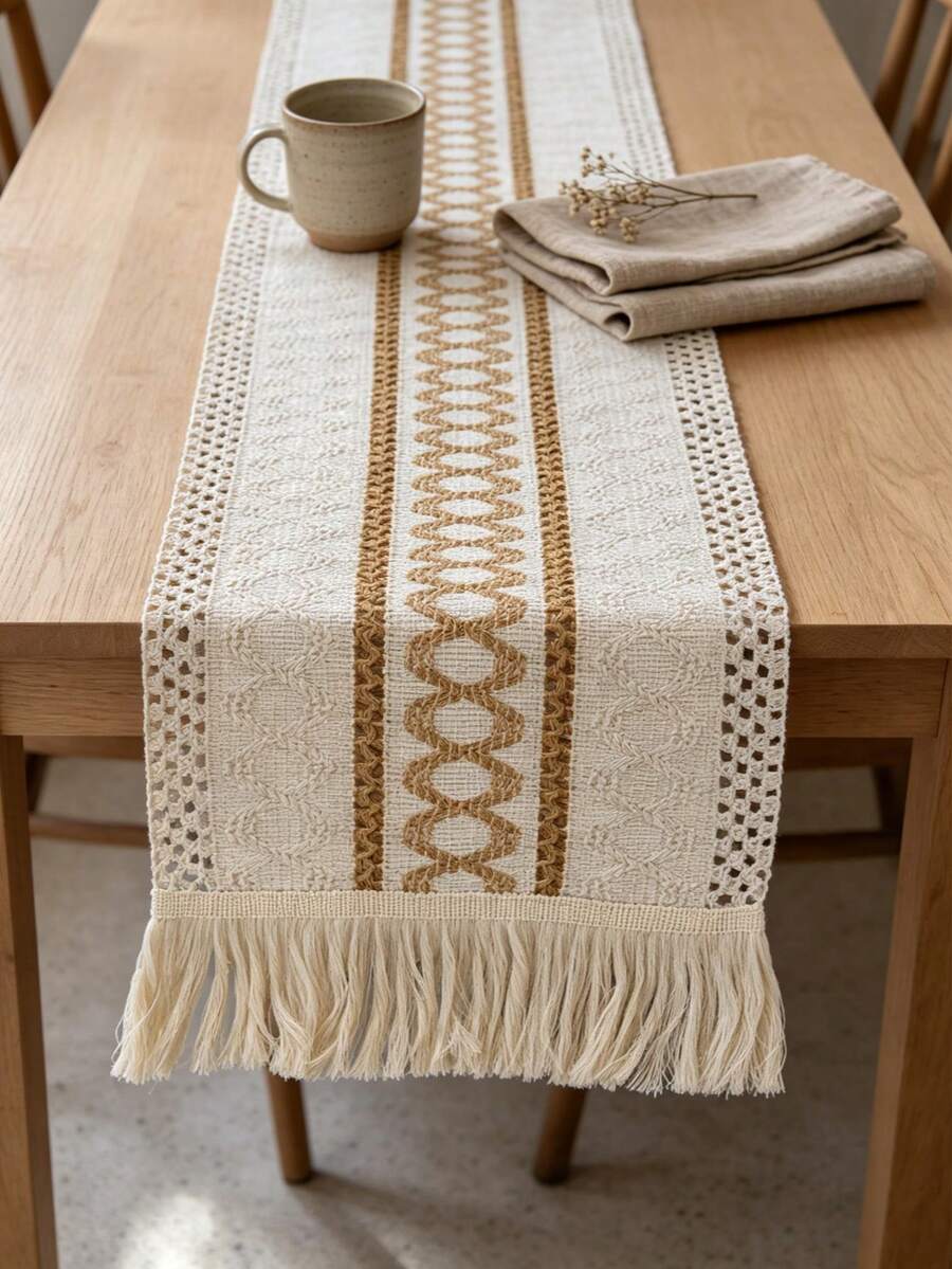 1PC Boho Vintage Chain Link Pattern Table Runner With Fringe Tassel Edge, Bohemian Country Macrame Aesthetic, Linen-Look Yarn-Dyed Woven Material, Easy Care, Multi-Scene Table Decor For Dining Room, Console, Sideboard, Autumn Harvest Gathering - Khaki - View 1