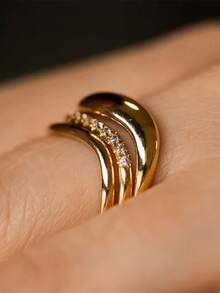 4pcs/1pc 18K Gold Plated Multi-Layer Streamlined Ring Set, Women's Ring, French Style, Luxury Gift Jewelry For Women - Gold - View 4