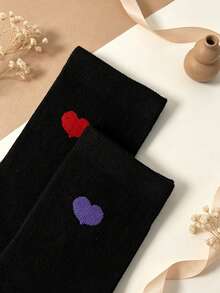 5 Pairs Women's Black Mid-Calf Socks, Soft Comfortable Casual Socks, Colorful Small Heart Pattern All-Season Versatile High-Top Socks - Multicolor - View 4